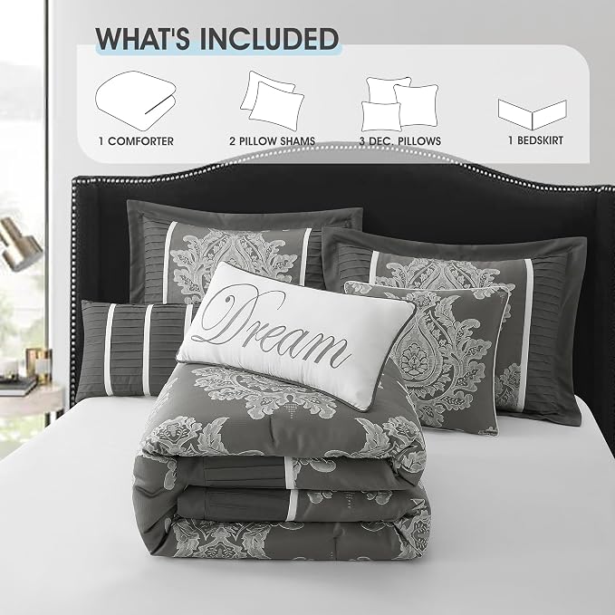 Grey King Size Comforter Set 7 Pieces, Jacquard Woven with Damask, Bedding Set in a Bag Includes Comforter, Bed Skirt, Pillow Shams, and Decorative Pillows