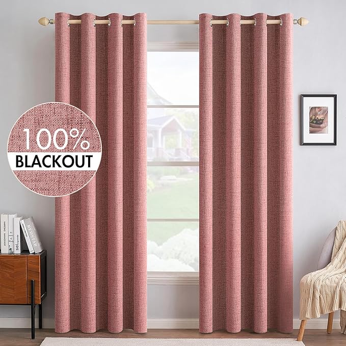 MIULEE 100% Blackout Linen Curtains for Bedroom 52x90 Inches Dusty Rose | Room Darkening, Light Blocking, Thermal Insulated, Grommet Top, Linen Textured, Window Curtains for Living Room, 2 Panels