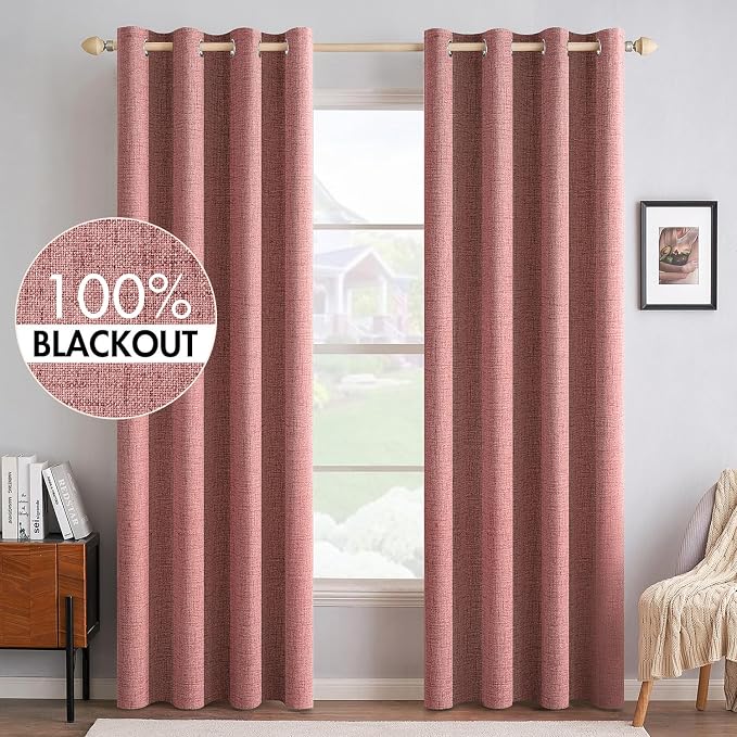 MIULEE 100% Blackout Linen Curtains for Bedroom 52x108 Inches Dusty Rose | Room Darkening, Light Blocking, Thermal Insulated, Grommet Top, Linen Textured, Window Curtains for Living Room, 2 Panels