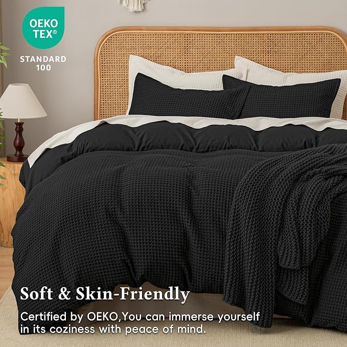 David's Home Soft Textured Waffle Weave Duvet Cover Set, Twin Size, Black | Breathable Cozy for All Season, 300GSM, 2PCS Home Bedding Decor, OEKO-TEX Certified, Hidden Zipper, 6 Corner Ties, 68" X 90"
