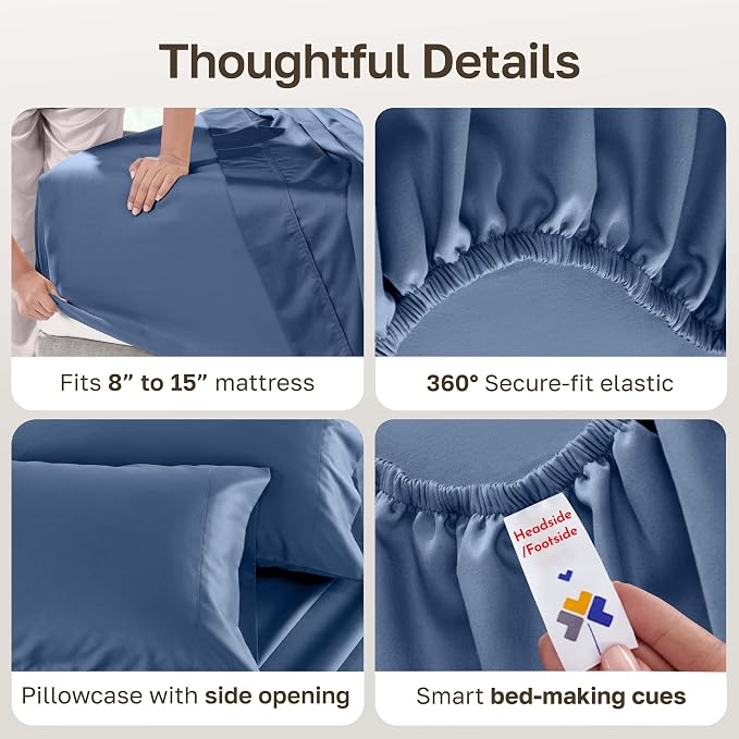 California Design Den Softest 100% Cotton Sateen Twin Size Sheets Set 3 Pcs | Soft 500 Thread Count Backed by Good Housekeeping Seal, All-Around Elastic, Easy Care, OEKO-TEX certified - Denim Blue