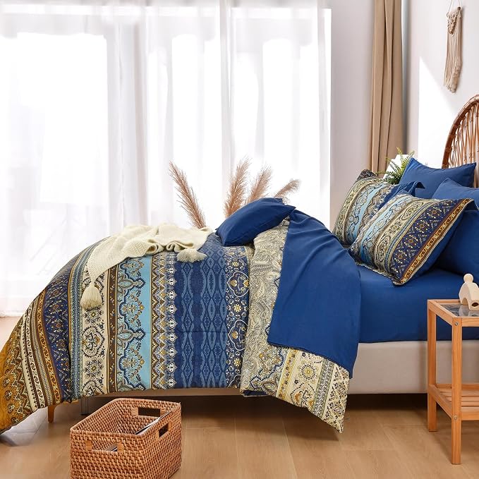 Cottolester Boho Queen Comforter Set 8 Pieces,Brown Blue Bohemian Comforter Paisley Striped Bed in A Bag,Soft Microfiber Bedding Set for All Season