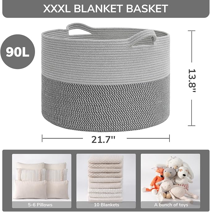 INDRESSME XXXLarge Woven Rope Blanket Basket Living Room Grey, 90L | 21.7" x 13.8" Storage baskets for toys laundry & pillows. Fits living room, bedroom or nursery décor. Soft-touch with handles