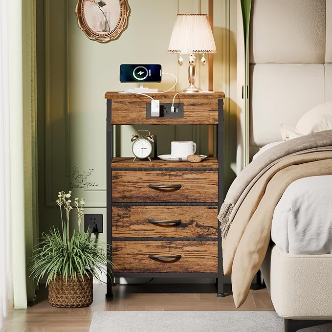 Furnulem Night Stand with Charging Station, 3 Fabric Drawers Bedside Table | Rustic Brown Dorm Nightstand For Bedroom, 28.3 Inch Tall, Usb Ports & Outlets, Side Table with Storage Shelf, 3 Ways to Use
