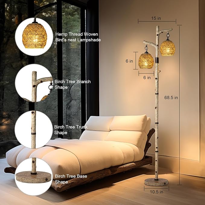 Scenekoy 68.5" Rustic Floor lamp with Remote Control, Bird Nest Lantern | Stepless Dimmable, 3 Color Temperature, Birch Tree Finish, Farmhouse Vintage Standing Lamp Decor for Living Room Bedroom