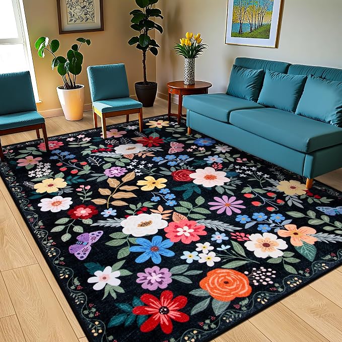 PLHXFR Area Rug 10x12 Living Room: Floral Washable Boho Soft Carpet Black | For Bedroom Dining Room Farmhouse Nursery Hallway,Vintage Floral,Machine washable,Non Slip,Stain Resistant,Large Indoor