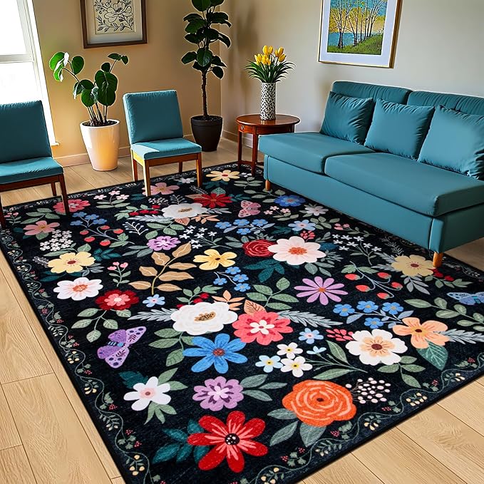 PLHXFR Area Rug 9x12 Living Room: Floral Washable Boho Soft Carpet Black | For Bedroom Dining Room Farmhouse Nursery Hallway,Vintage Floral,Machine washable,Non Slip,Stain Resistant,Large Indoor