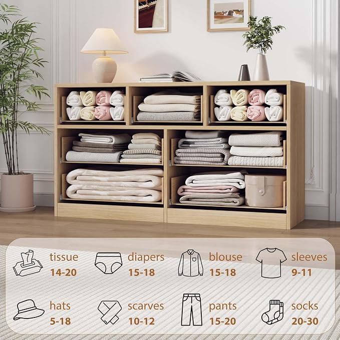 Garvee 7 Dresser for Bedroom, 54" Wide Dresser, Freestanding Horizontal Drawer with Storage, Wooden Closet Chest Storage for Living Room, Hallway, Entryway, Natural Oak