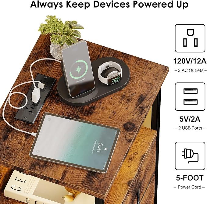 Fixwal Night Stand with 3 Fabric Drawers, Nightstand with Charging Station | rustic brown, led lights, built-in bedside charger, 2 AC outlets & 2 usb ports, 2 wooden shelves, bedroom furniture
