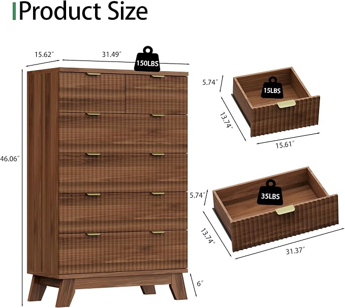 Xixini Fluted Dresser for Bedroom with 6 Drawers, 46" Tall Wooden Chest of Drawers with Metal Handle, Wood Dresser TV Stand, Modern Closet Clothes Storage Organizer for Living Room, Hallway, Walnut