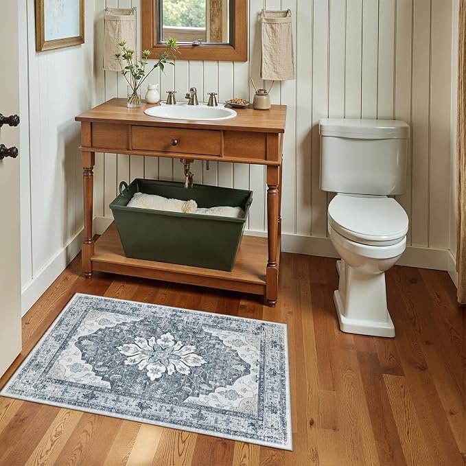 RELEANY Washable Area Rug, Small 2'x3', Grey/White/Beige | Non-Slip, Water Repellent, Pet Friendly, Easy to Clean, Vintage Floral Boho Decor for Kitchen Entryway Bathroom