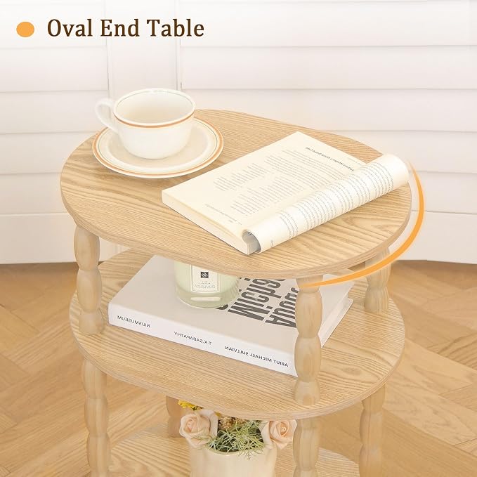 MaxSmeo End Table with Charging Station, Small Oval Side Table for Small Spaces, Modern Accent Table Night Stand with Charging Station for Living Room, Bedroom, Natural