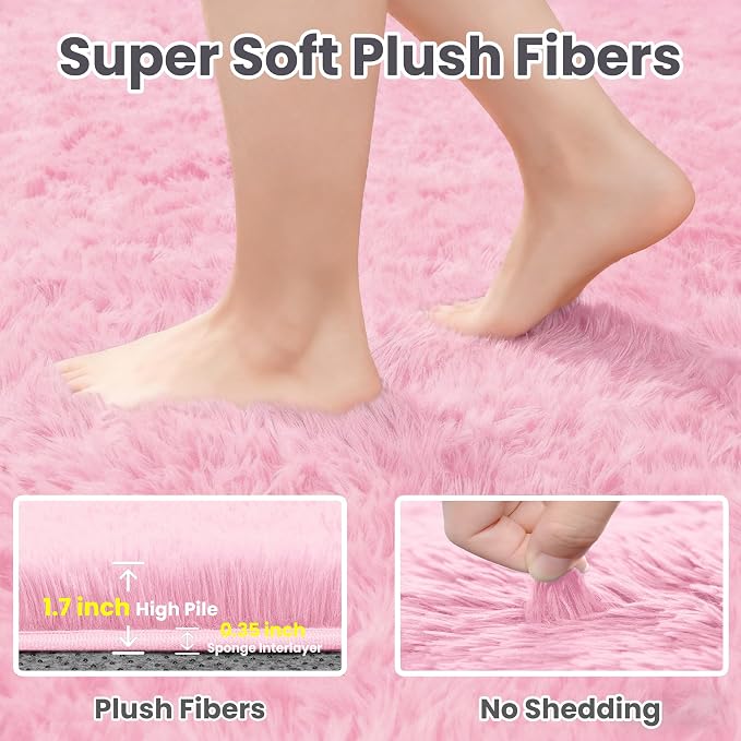 8x10 Fluffy Shag Area Rugs for Living Room Bedroom: Soft Carpet Light Pink | Upgraded Non-Slip Thick Memory Foam, Ultra Soft, Non-Shedding Fuzzy Carpet, Easy Clean Decor for Kids Room, Nursery, Playroom