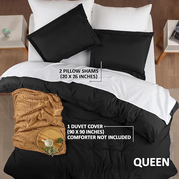 Duvet Cover Queen, 3 Piece Cotton Like Polyester With Zipper Closure, Black | Extra Soft and Breathable, Wrinkle & Fade Resistant, Includes Duvet Cover and 2 Pillow Shams, Comforter Not Included, OekoTex