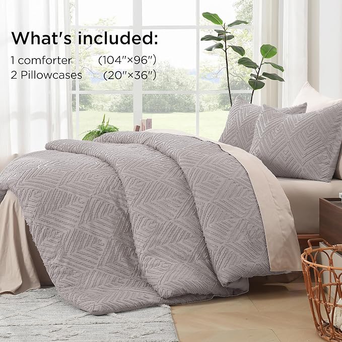 Litanika California King Comforter Set, 3 Pcs Tufted Boho Bedding Set | Milk Grey Farmhouse Shabby Chic Vintage Bohemian Textured Aesthetic Soft Fluffy Lightweight Breathable All Season Bed Set