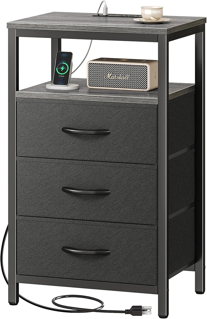 Huuger Nightstand with Charging Station, 27.6 Inch Bedside Table,Side Table | Night Stand with USB Ports and Outlets, End Table with Fabric Drawers, Night Stand with Charger Station, Charcoal Gray