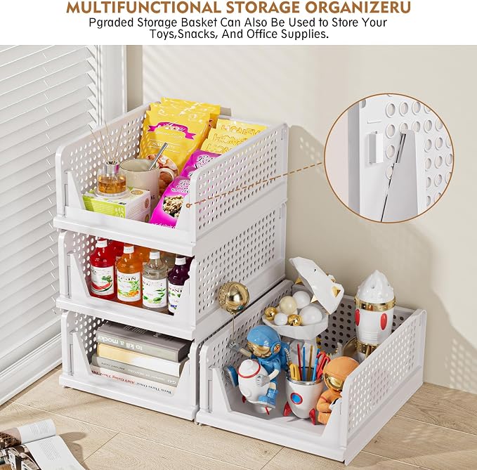 8 Pack Closet Organizers and Storage, Stackable & Foldable Closet Bins | Closet Storage Basket for Bathroom, Kitchen, Laundry Room, Drawer Shelf & Wardrobe Storage, Space-Saving Design, White