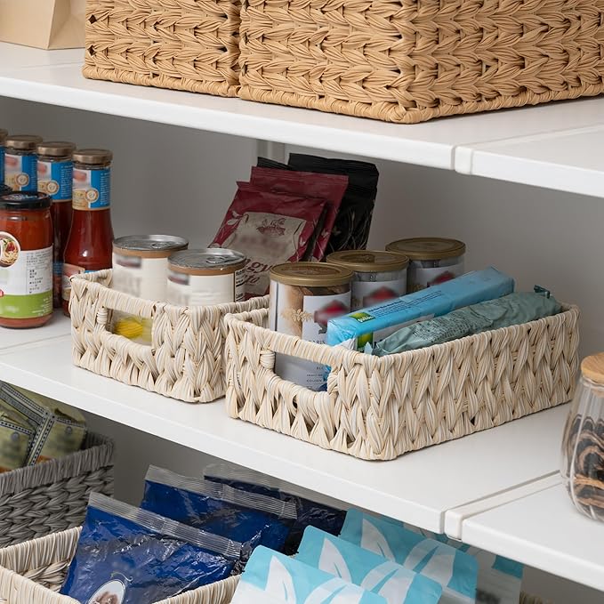 GRANNY SAYS Wicker Baskets for Organizing, Shallow Storage Bins, 2-Pack | Waterproof Wicker Baskets with Handles, Wicker Storage Baskets for Shelves, Woven Baskets for Storage,Living Room,Butter Milk