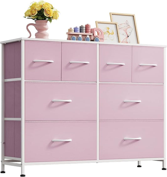 WLIVE 8 Drawer Dresser for Bedroom, Wide Chest of Drawers, Cloudy Pink | 8 roomy fabric drawers, Wide storage design, Bedroom or closet use, Sturdy steel frame, Smooth wood tabletop