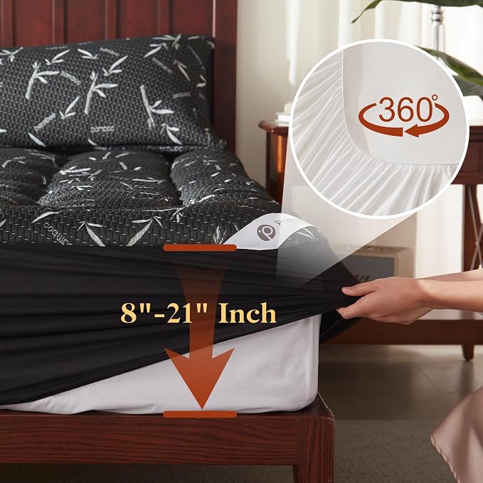 PRIMESOFT Twin XL Size Mattress Topper,Thick Pillow Top Mattress Pad，Up to 22 Inch Deep Pocket,Soft Breathable Mattress Pad for Back Pain, Waterproof Protector Cover(Black)