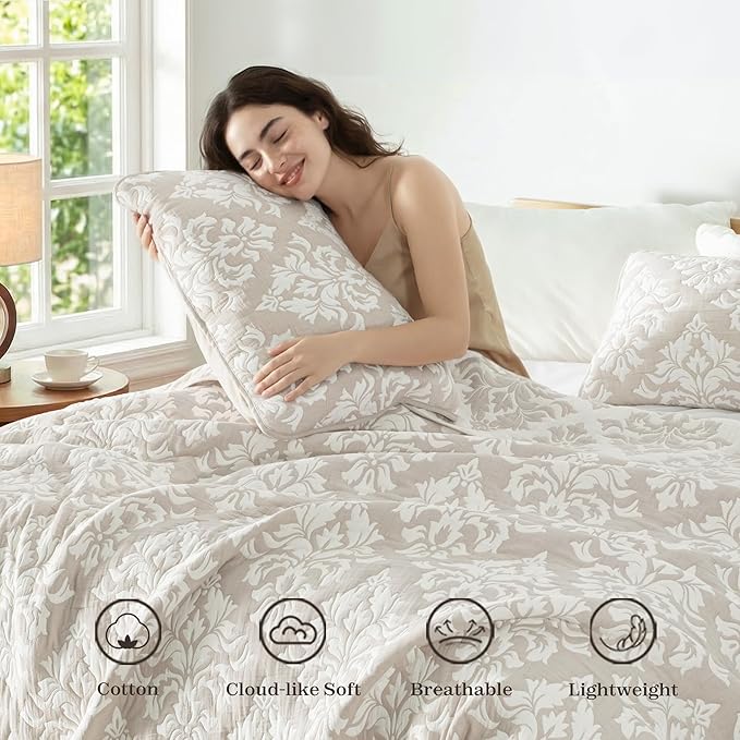 Exclusivo Mezcla Cotton Quilts Twin Size Beige | Soft Lightweight Bedspread, Breathable Prewashed Yarn Dyed Muslin, All Season Bedding Set, Boho Coverlet With 1 Pillow Sham