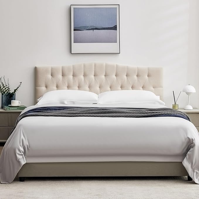 Tufted Upholstered King Size Headboard Only, Adjustable 38-50 in, Beige | King Headboard for King Size Bed, Durable Linen Fabric Headboards, Modern Diamon Design Wood Head Board