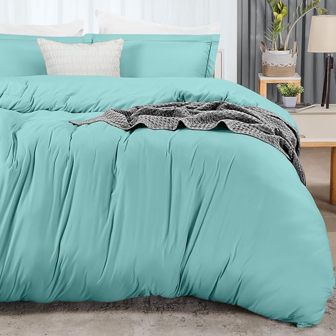 Duvet Cover Queen, 3 PC Cotton Like Polyester With Zipper Closure, Spa Blue | Extra Soft and Breathable, Wrinkle & Fade Resistant, Includes Duvet Cover and 2 Pillow Shams, Comforter Not Included, OekoTex