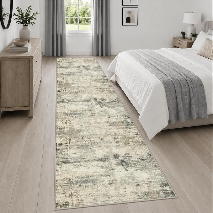2.6x14 Washable Runner Rug:Modern Abstract Soft Carpet Ash Brown | For Hallway, Bedroom, Kitchen, Laundry, Bathroom,Door Mat,Modern Abstract,Machine washable,Non-Slip,Stain Resistant,Indoor