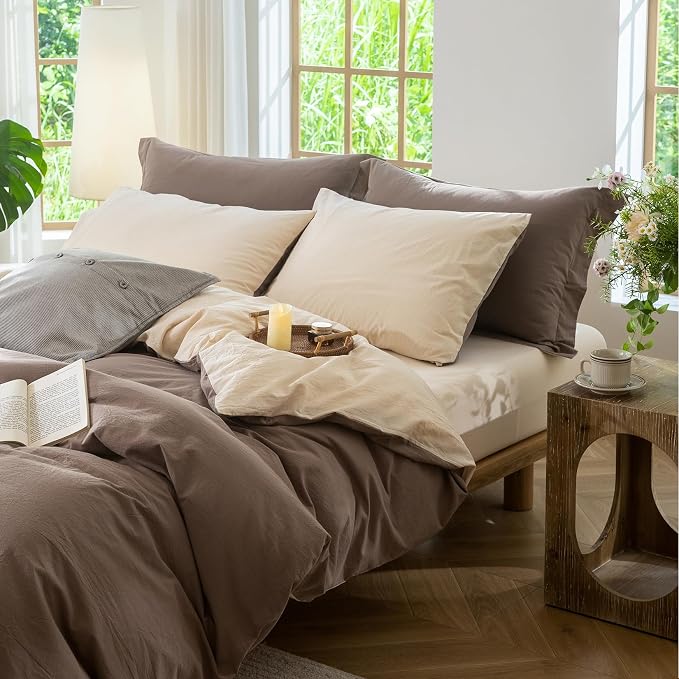 BDEAR Reversible Duvet Cover Set Twin Size 90" L x 68W, Brown and Beige | 100% Washed Cotton, 1 Duvet Cover with 1 Pillowcase, Zipper Closure, OEKO TEX Standard,8 Corner Ties,Linen-Liked Texture