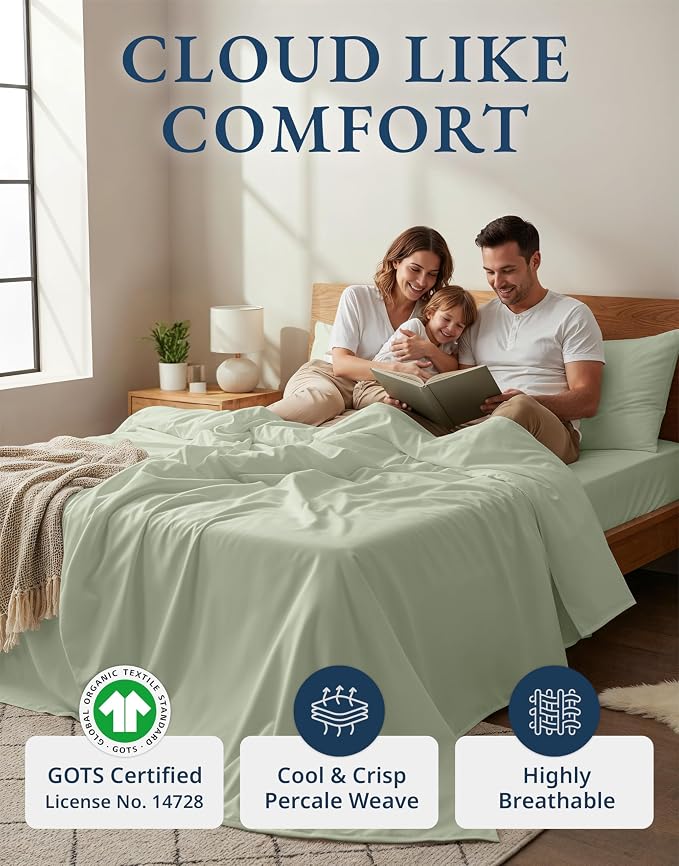 LANE LINEN 100% Organic Cotton Twin Sheets, Soft & Comfy Percale Weave Mercerized Fully Elasticized Reinforsed Seam Naturally Temperature Regulating Cotton Sheets Twin- Mineral