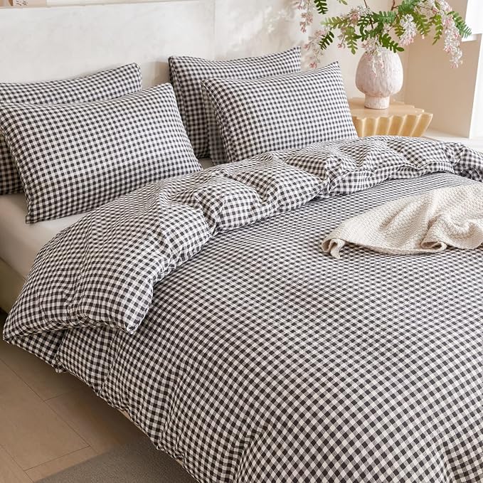 Black Grid Comforter Set Queen Soft Luxury Washed Microfiber 3 Pieces Bedding Set, White Grey Grid Pattern Comforter with 2 Pillowcases Breathable Durable Comfy