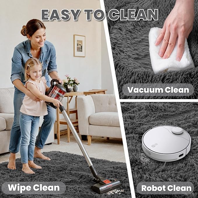 8x10 Fluffy Shag Area Rugs for Living Room Bedroom: Soft Plush Carpet Grey | Upgraded Non-Slip Thick Memory Foam, Ultra Soft, Non-Shedding Fuzzy Carpet, Easy Clean Decor for Kids Room, Nursery, Playroom