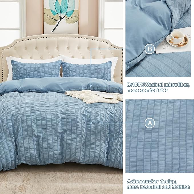 AveLom Grayish Blue Duvet Cover Full(80 x 90 inches), 3 Pieces (1 Duvet Cover, 2 Pillow Cases),Seersucker Tripe Soft Washed Microfiber Textured Duvet Cover Set with Zipper Closure, Corner Ties