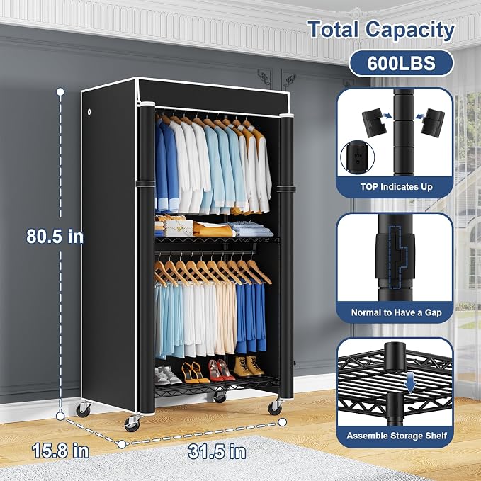 P8C Heavy Duty Clothes Rack（With Extended Width Design） Rolling Clothing Racks for Hanging Clothes with Lockable Wheels，31.5" W x 15.8" D x 80.5" H，Max Load 600LBS，Black Rack with Black Cover
