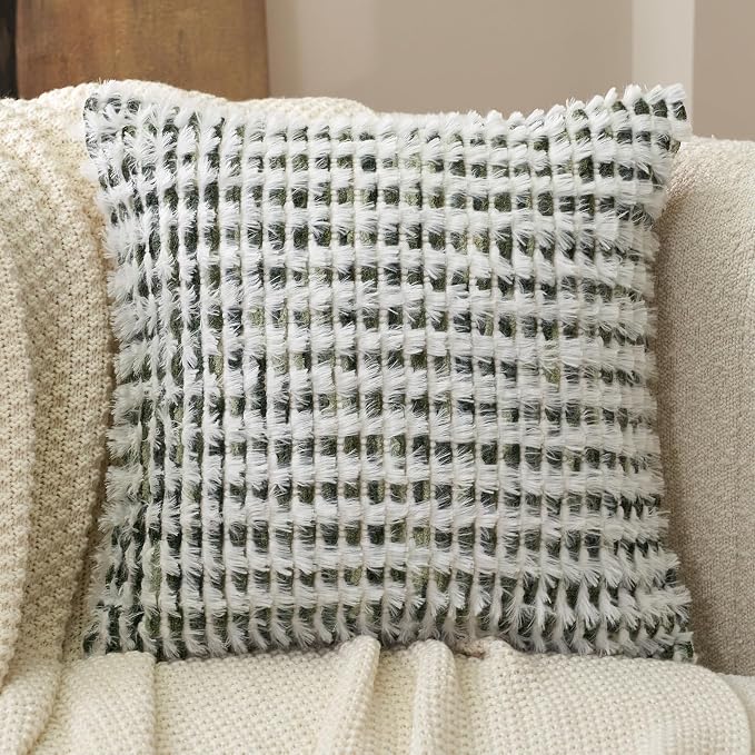 Aeckself Boho Chenille Tufted Pillow Cover 18 x 18 Inch, Decorative Square Throw Pillow Cover Neutral Pillowcase for Couch Bedroom Living Room, Green White