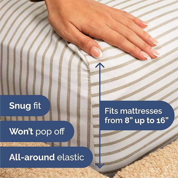 Cal King Size 4 Piece Sheet Set - Breathable & Cooling - Beige Stripes | Hotel Luxury Bed Sheets for Women & Men, Deep Pockets, Easy-Fit, Extra Soft & Wrinkle Free Sheets, Oeko-Tex Bed Sheet Set