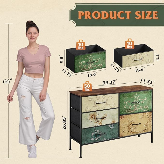 WLIVE Dresser for Bedroom with 5 Drawers, Wide Chest of Drawers for Bedroom, Fabric Dresser for Living Room, Closet, Hallway, Floral Painted