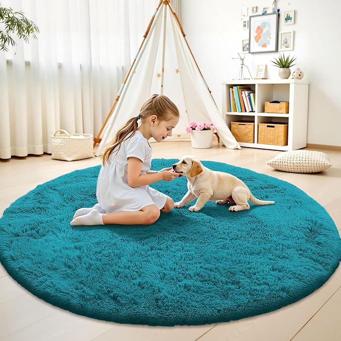 OLANLY Teal Round Rugs for Bedroom - Machine Washable, 5 ft Circle Area Rugs for Living Room, Soft and Fluffy Shaggy Carpet for Teen Girl and Boys, Nursery Rooms, Dorms, Home Decor Aesthetic