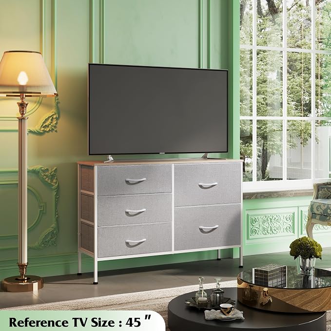 WLIVE 5 Drawer Fabric Dresser for Bedroom, Wide Storage Chest, Light Grey | 5-drawer wide fabric dresser with steel frame, multipurpose bedroom living room hallway dorm closet storage organizer