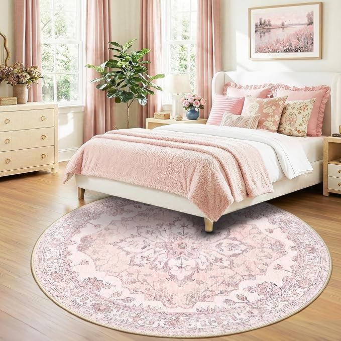 RELEANY Washable Area Rug, Round 8ft, Pink | Non-Slip, Water Repellent, Pet Friendly, Easy to Clean, Vintage Floral Boho Decor for Living Room Bedroom Dining Room