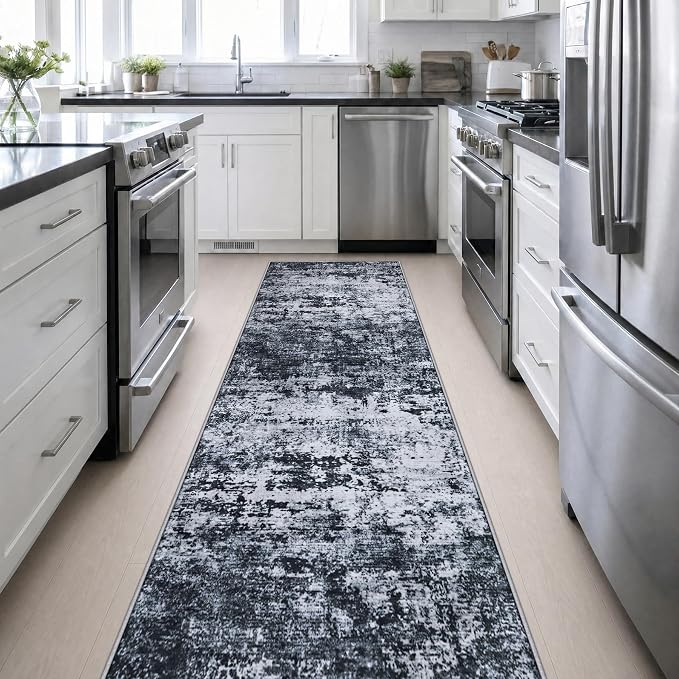 3x14 Washable Runner Rug：Modern Abstract Kitchen Carpet Black | For Hallway, Bedroom, Kitchen, Laundry, Bathroom,Door Mat,Modern Abstract,Machine washable,Non-Slip,Stain Resistant,Indoor