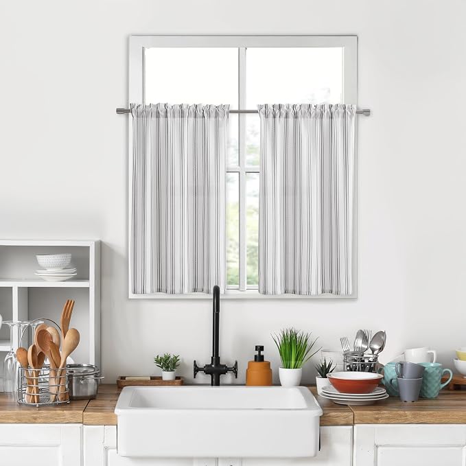 ZJDECOR Semi Sheer Cottage Kitchen Curtain with Blue Stripes,27" Wx36 Lx2 | Cafe Curtains,Light Filtering,Rod Pocket,Cotton Blend Tier,Cottage Farmhouse Style,Kitchen Bathroom RV Window Treatment
