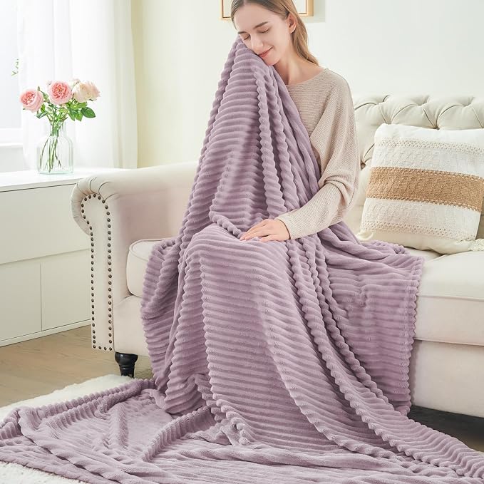 BEDELITE 3D Ribbed Dusky Violet Fleece Twin Blanket for Couch, 60x80 Inch | Soft Warm Fluffy Throw Blanket for Bed Sofa College Dorm Room Decor, Luxury Cozy Plush Gifts for Women Girls, Lightweight