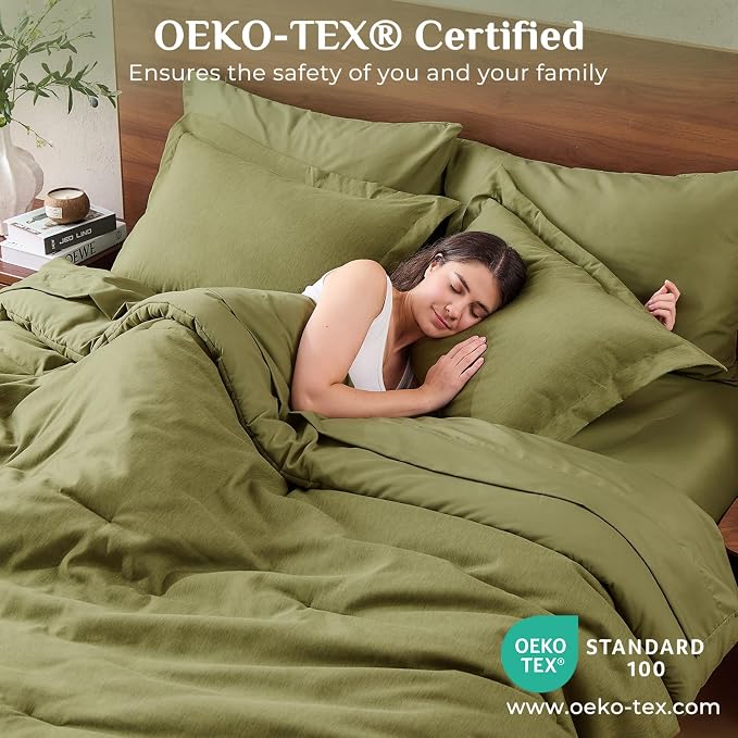 JOLLYVOGUE Olive Green King Comforter Set, Cationic Dyeing Bed in a Bag King 7 Pieces, Double-Tone Bedding Set with Down Alternative Comforter, Sheets, Pillowcases & Shams
