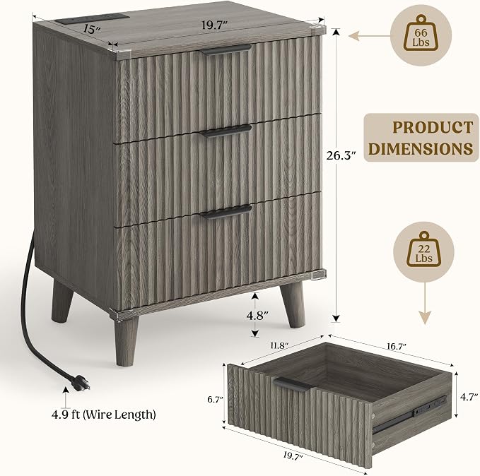 Wood Nightstands Set of 2 w/Charging Station, 3 Drawers Fluted Dresser | Dark Grey, Large Drawers, Metal Silent Rails, FSC Wooden, Sturdy Legs, Modern Fluted Panel, Living Room, Bedside Table