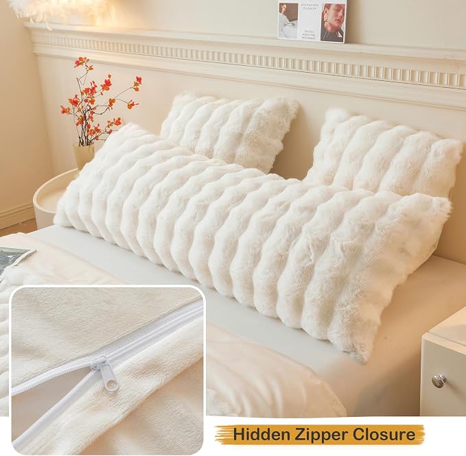 LIFEREVO Fluffy Faux Rabbit Fur Body Pillow Cover 20"x54", Beige | Luxury Bubble Shaggy Ivory Bed Pillowcase with Zipper Closure, Decorative Furry Long Pillow Case for Adults Kids Girls Teens
