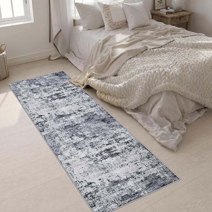 2.6x8 Washable Runner Rug：Modern Abstract Kitchen Soft Carpet Grey | For Hallway, Bedroom, Kitchen, Laundry, Bathroom,Door Mat,Modern Abstract,Machine washable,Non-Slip,Stain Resistant,Indoor