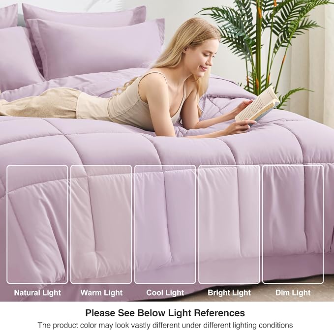 Love's cabin Twin XL Comforter Set Light Purple, 5 Pieces Twin XL Bed in a Bag, All Season Bedding Sets with 1 Comforter, 1 Flat Sheet, 1 Fitted Sheet, 1 Pillowcase and 1 Pillow Sham