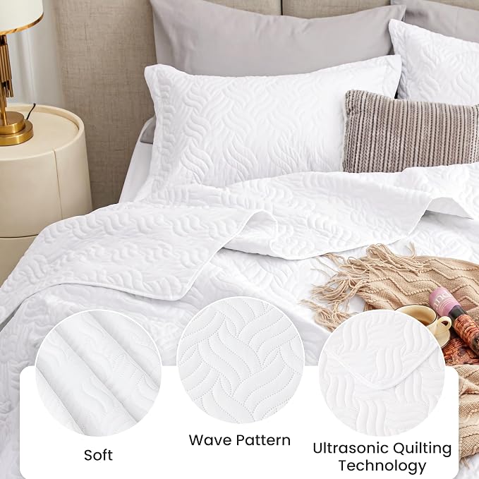Love's cabin Quilts for Queen Bed White Bedspreads - Soft Bed Summer Lightweight Bedspread Comforter - Modern Style Wave Pattern Coverlet for All Season - 3 Pieces (1 Quilt, 2 Pillow Shams)