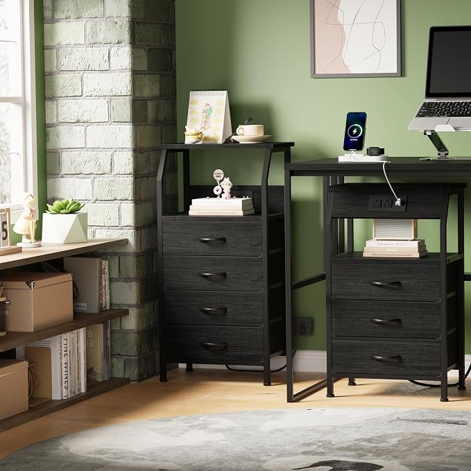 Furnulem Night Stand with Charging Station, 3 Drawers Bedside Table, Black | 28.3 Inch Tall Dorm Nightstand for Bedroom, Small Storage End Table with Outlets, 3 Fabric Storage Drawers, 3 Ways to Use